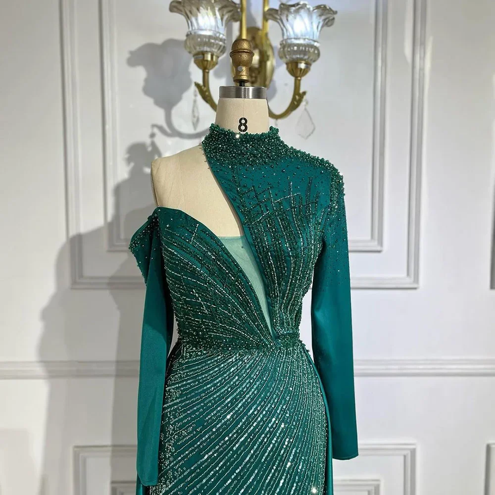 Serene Hill Arabic Green Elegant Mermaid One Shoulder Beaded Luxury Dubai Evening Dresses Gowns For Women Wedding Party - Image 6