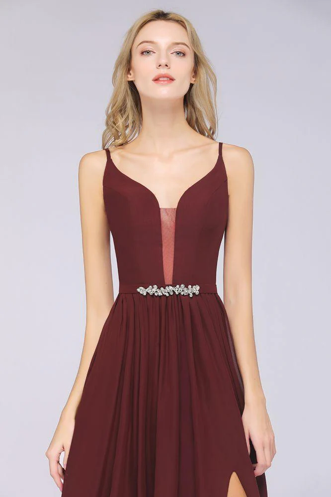 Sexy Double Deep V-Neck Ruffles Sleeveless Bridesmaid Dress Chiffon Side Split Evening Party Dress - Image 7