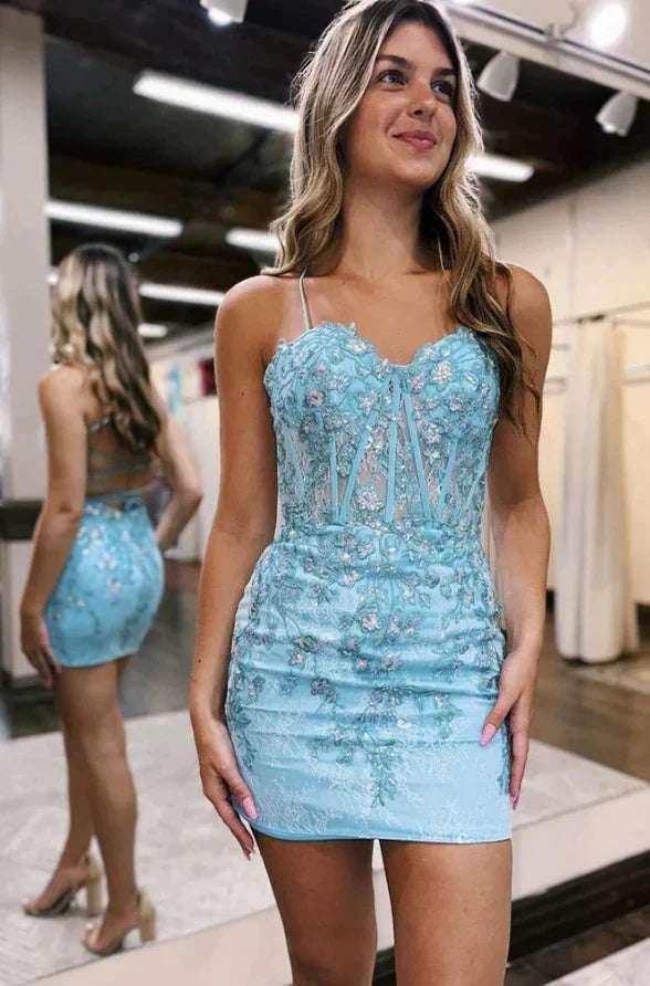 Sheath Spaghetti Straps Lace Appliques Tight Homecoming Dresses