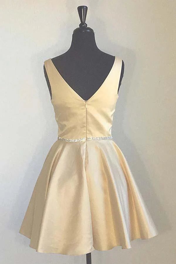 Simple Yellow Homecoming Dresses Broad Strap V Neck Beaded - Image 2