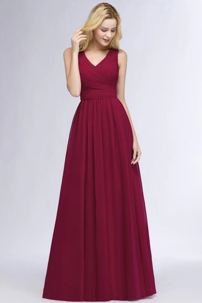 Sleeveless A-line V-neck Ruffled Chiffon Bridesmaid Dresses Floor Length Party Dress - Image 7