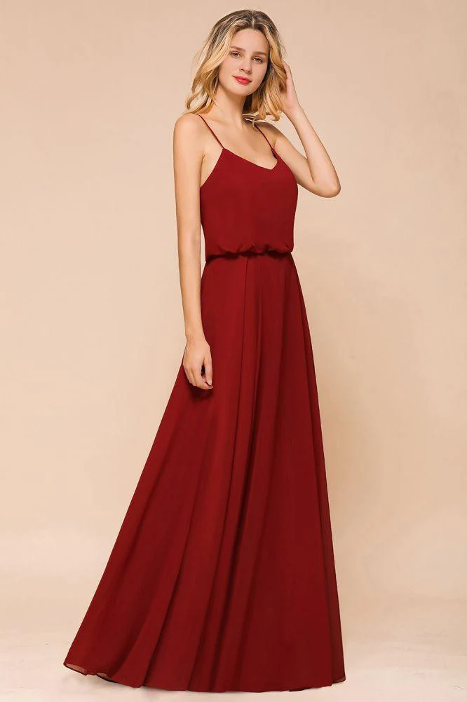 Spaghetti Chiffon Bridesmaid Dress Backless Burgundy Floor-Length Beach Wedding Dress - Image 4