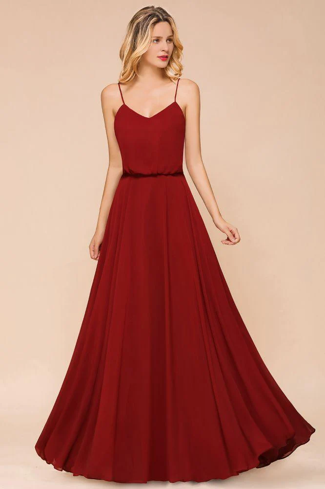 Spaghetti Chiffon Bridesmaid Dress Backless Burgundy Floor-Length Beach Wedding Dress - Image 5