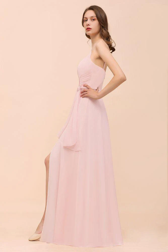 Spaghetti Side Split Pink Bridesmaid Dress Beach Simple Wedding Dress - Image 8