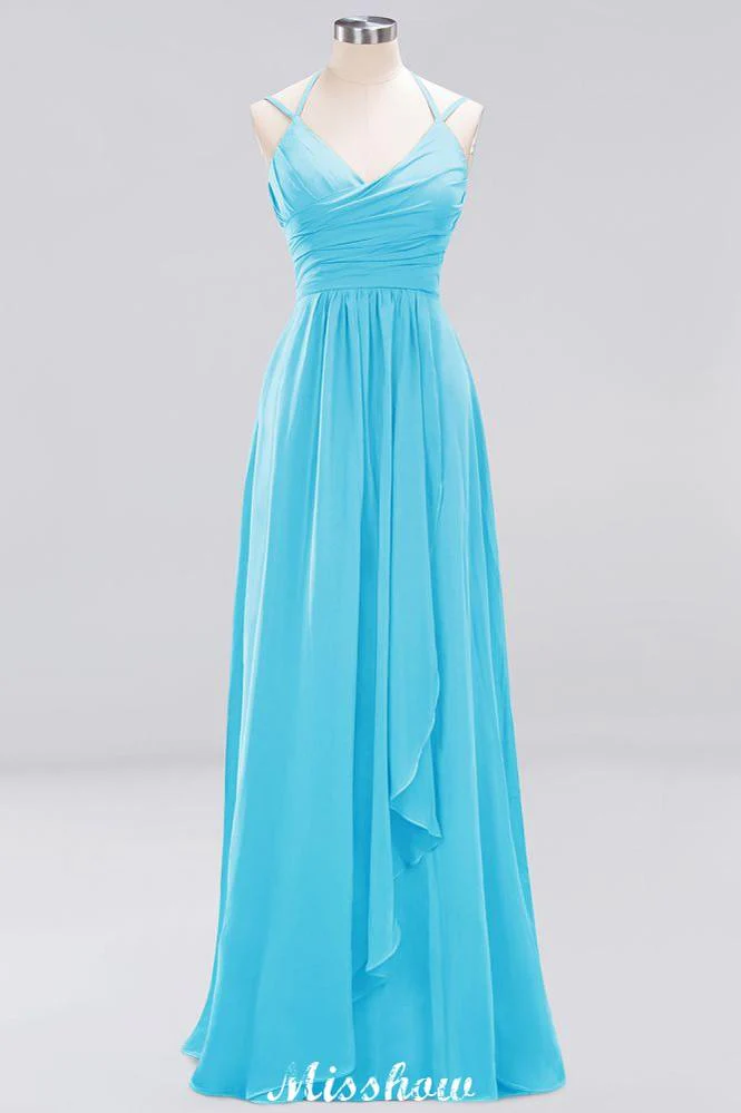 Spaghetti Sleeveless Ruffles A-line Chiffon Bridesmaid Dresses Straps Evening Maxi Dress - Image 28