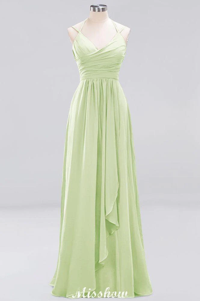 Spaghetti Sleeveless Ruffles A-line Chiffon Bridesmaid Dresses Straps Evening Maxi Dress - Image 38