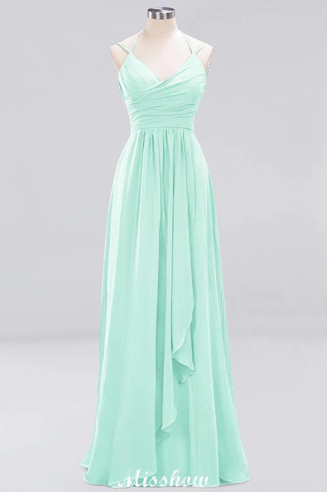 Spaghetti Sleeveless Ruffles A-line Chiffon Bridesmaid Dresses Straps Evening Maxi Dress - Image 39