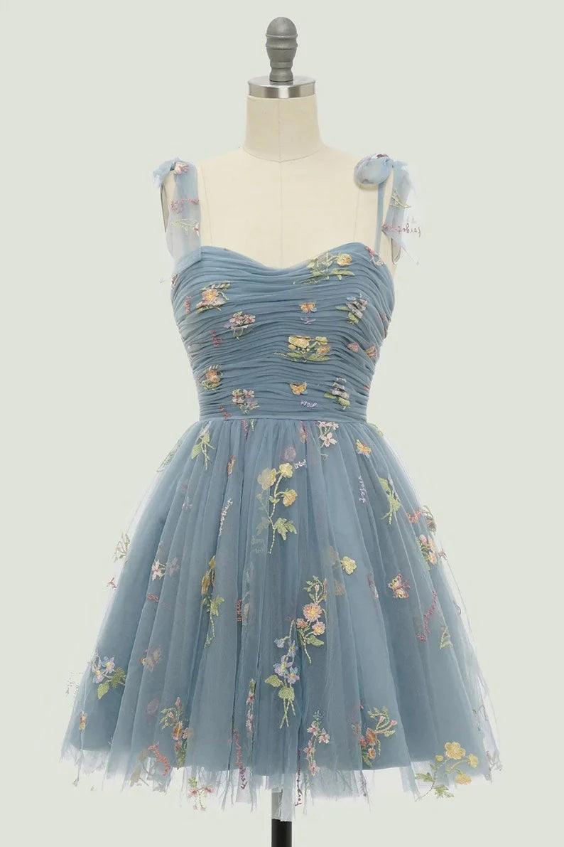 Spaghetti Straps Sleeveless A Line Tulle Floral Short Homecoming Dresses - Image 4