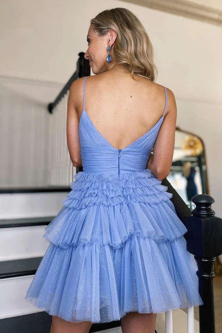 Spaghetti Straps V-Neck A-Line Tulle Mini Homecoming Dress - Image 3