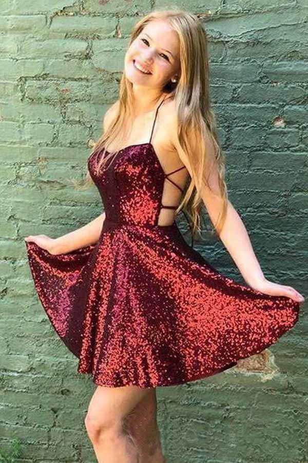 Sparkly Burgundy Homecoming Dresses Backless A-line Mini Party Dress