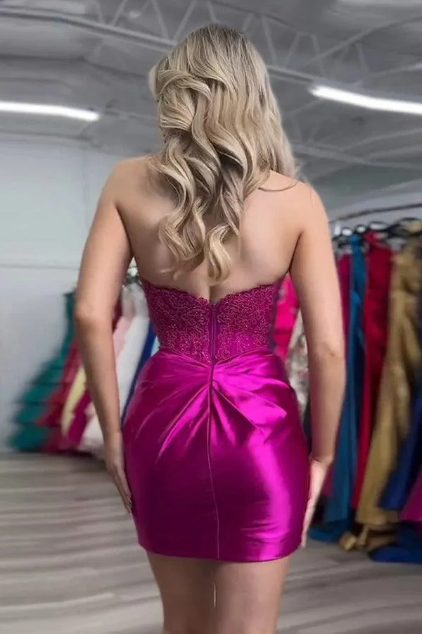 Sparkly Strapless Beaded Appliques Fuchsia Homecoming Dress - Image 3