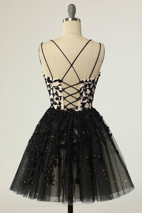 Straps Black Appliques Short Prom Dress Homecoming Dress with Sequins - Image 2