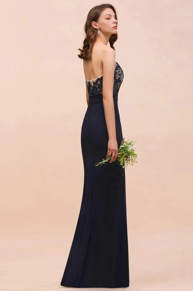 Sweetheart Floral Mermaid Bridesmaid Dress Sleeveless Navy Formal Party Dress - Image 5
