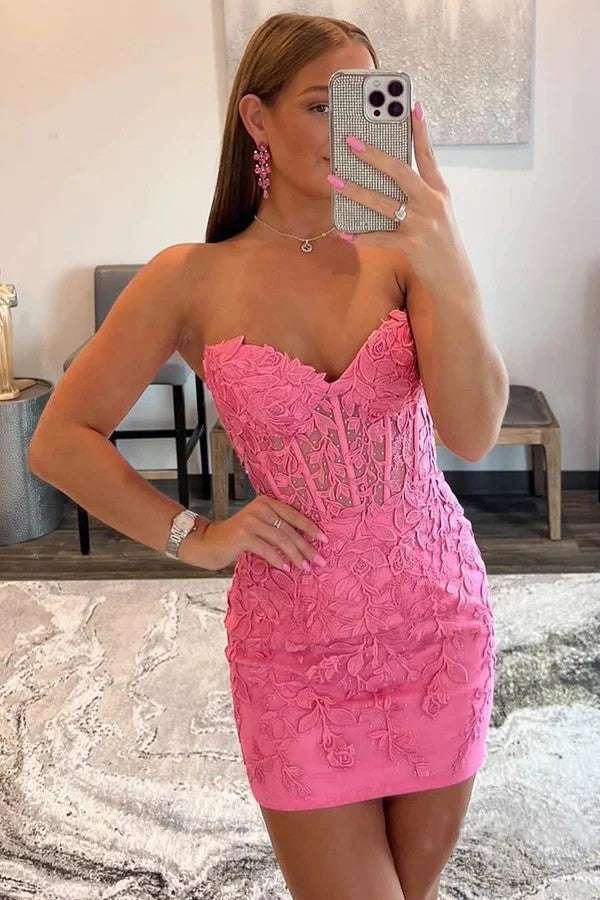 Sweetheart Pink Appliqued Bodycon Homecoming Dress - Image 2