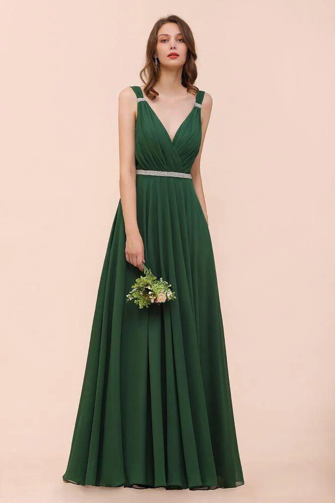 V-Neck A-line Dark Green Bridesmaid Dress Rhinestone Waist Belt - Image 5