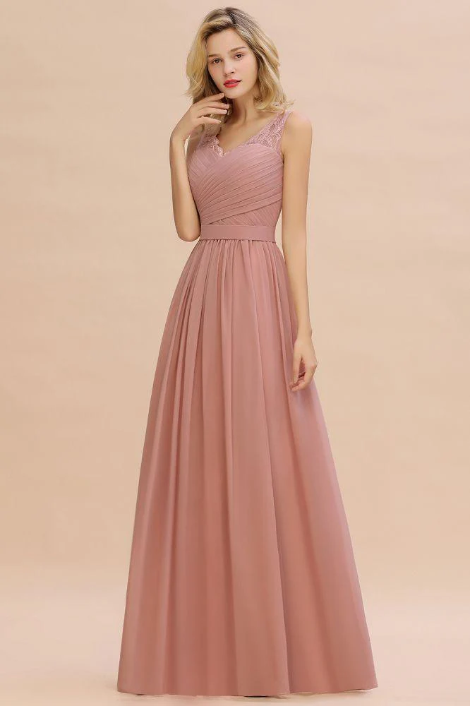 V-Neck Aline Ruffle Chiffon Bridesmaid Dress Sleeveless Floral Evening Swing Dress - Image 3