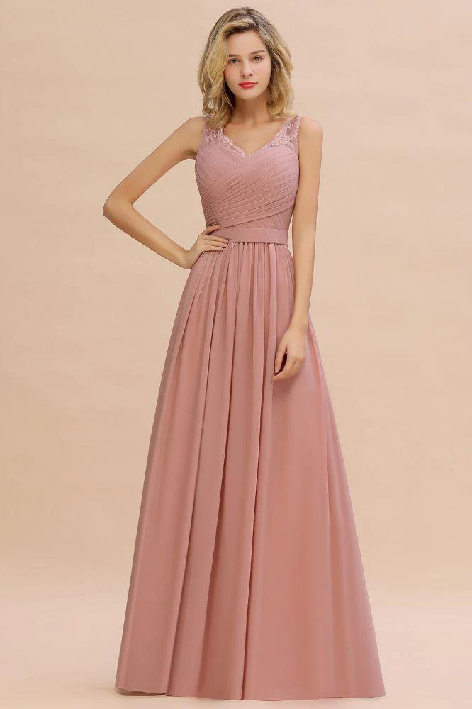 V-Neck Aline Ruffle Chiffon Bridesmaid Dress Sleeveless Floral Evening Swing Dress - Image 4