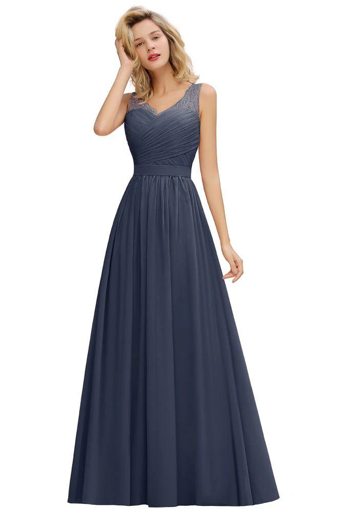 V-Neck Aline Ruffle Chiffon Bridesmaid Dress Sleeveless Floral Evening Swing Dress - Image 9