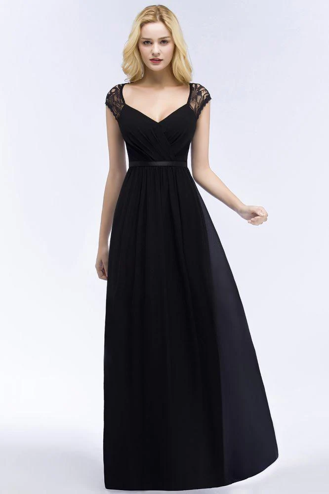 V-neck Floor Length A-line Lace Chiffon Bridesmaid Dresses with Sash - Image 2
