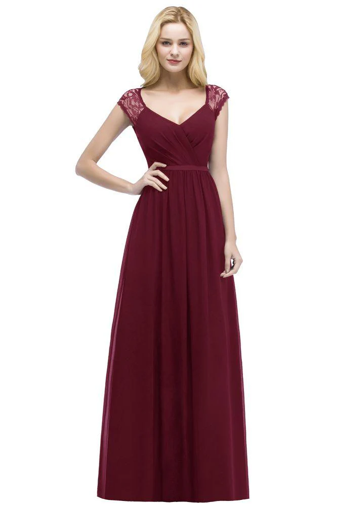 V-neck Floor Length A-line Lace Chiffon Bridesmaid Dresses with Sash - Image 9