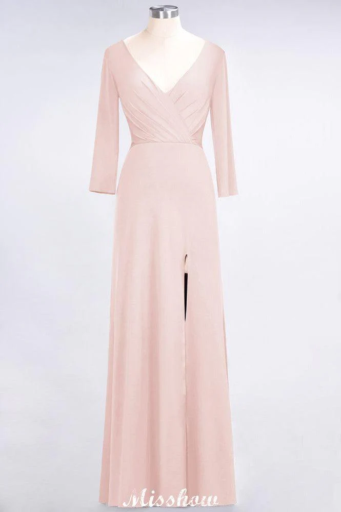 V-Neck Long-Sleeves Side-Slit Floor-Length Bridesmaid Dress with Ruffles - Image 13