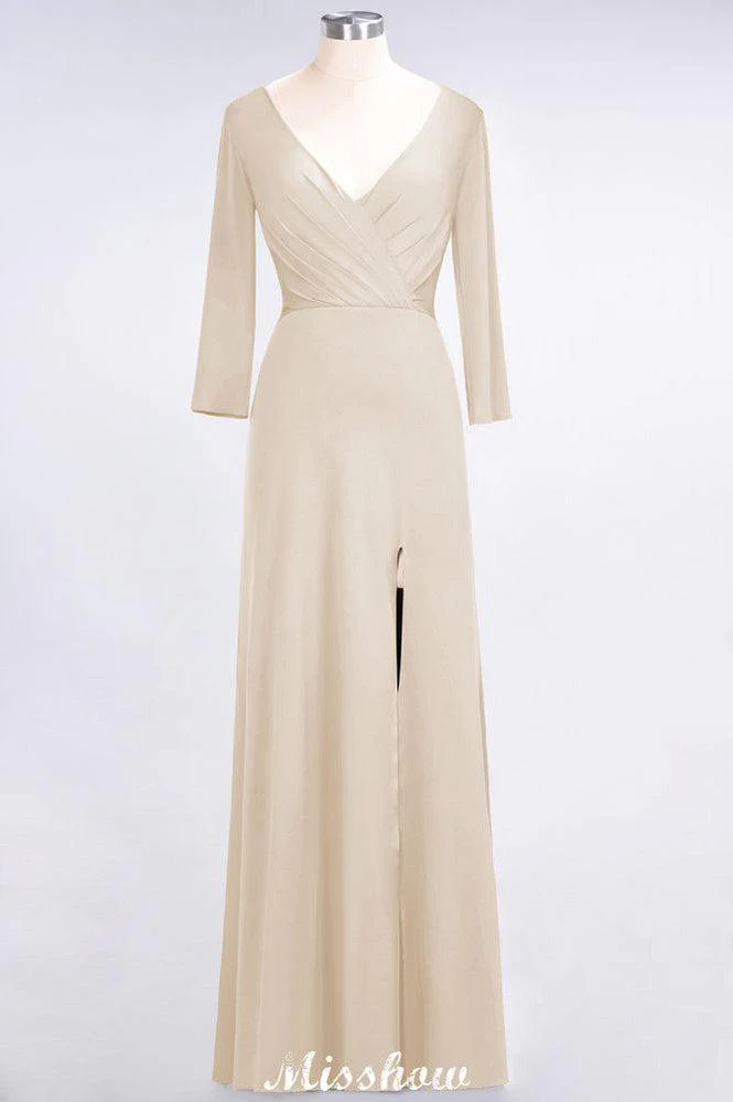 V-Neck Long-Sleeves Side-Slit Floor-Length Bridesmaid Dress with Ruffles - Image 21