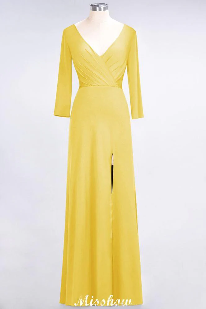 V-Neck Long-Sleeves Side-Slit Floor-Length Bridesmaid Dress with Ruffles - Image 23