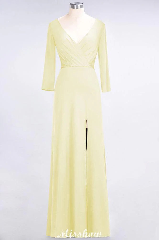 V-Neck Long-Sleeves Side-Slit Floor-Length Bridesmaid Dress with Ruffles - Image 24