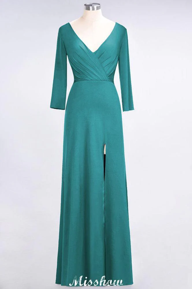 V-Neck Long-Sleeves Side-Slit Floor-Length Bridesmaid Dress with Ruffles - Image 36