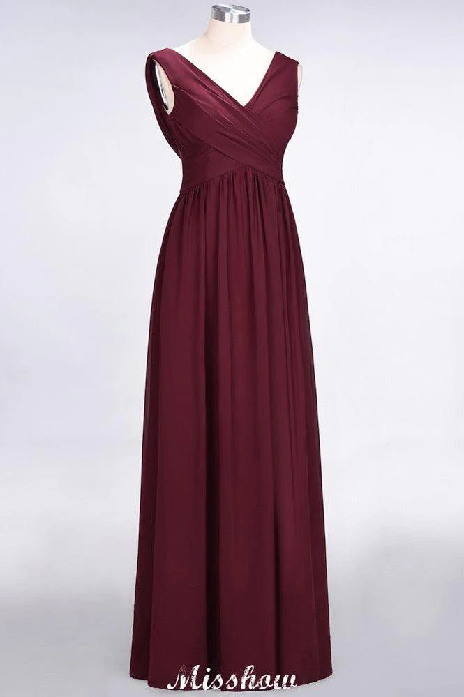 V-Neck Sleeveless Floor-Length Bridesmaid Dress Aline Ruffles Chiffon Party Gown - Image 3